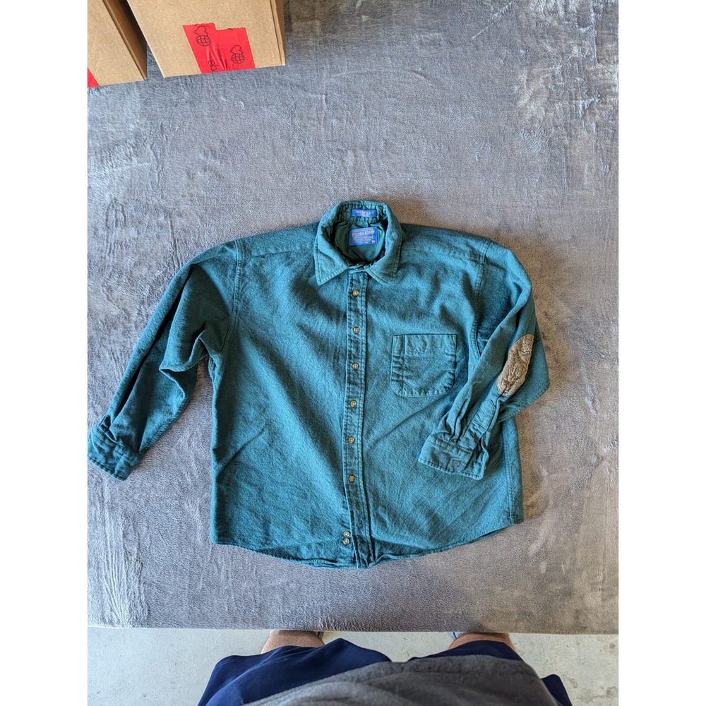 Pendleton Mens XL Wool Button Down Shirt Teal Green Elbow Patches Made in USA